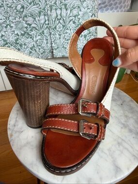 Chloe Brown Leather and Cream Slingback Block Heel Sandals